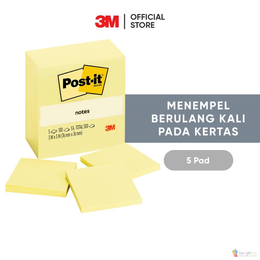 3M™ Post-it® Notes Canary, Memo Tempel, 654-5 CNR, Menempel berulah kali pada kertas, 5 pad, 76x76 mm, Untuk berbagai permukan kertas