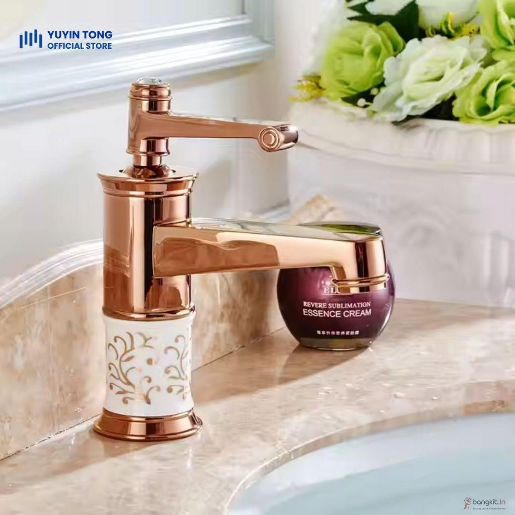 Kran Bak Mandi Porselen Bunga Keramik Lukisan Emas Mawar Flg 027